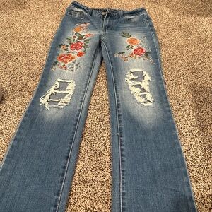 Girls size 10 flower embroidered ripped jeans